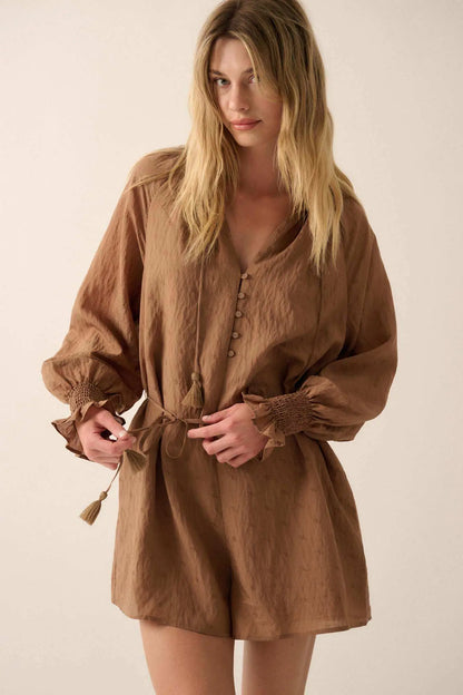 Poetic Heart Jacquard Peasant-Sleeve Belted Romper