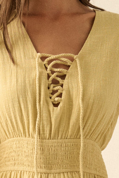 Feeling Free Cotton Lace-Up Bell-Sleeve Romper