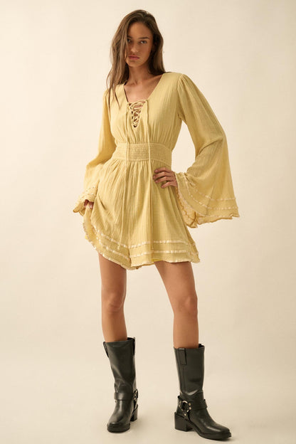Feeling Free Cotton Lace-Up Bell-Sleeve Romper