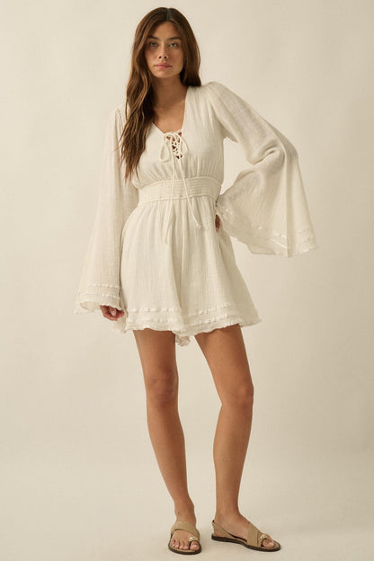 Feeling Free Cotton Lace-Up Bell-Sleeve Romper