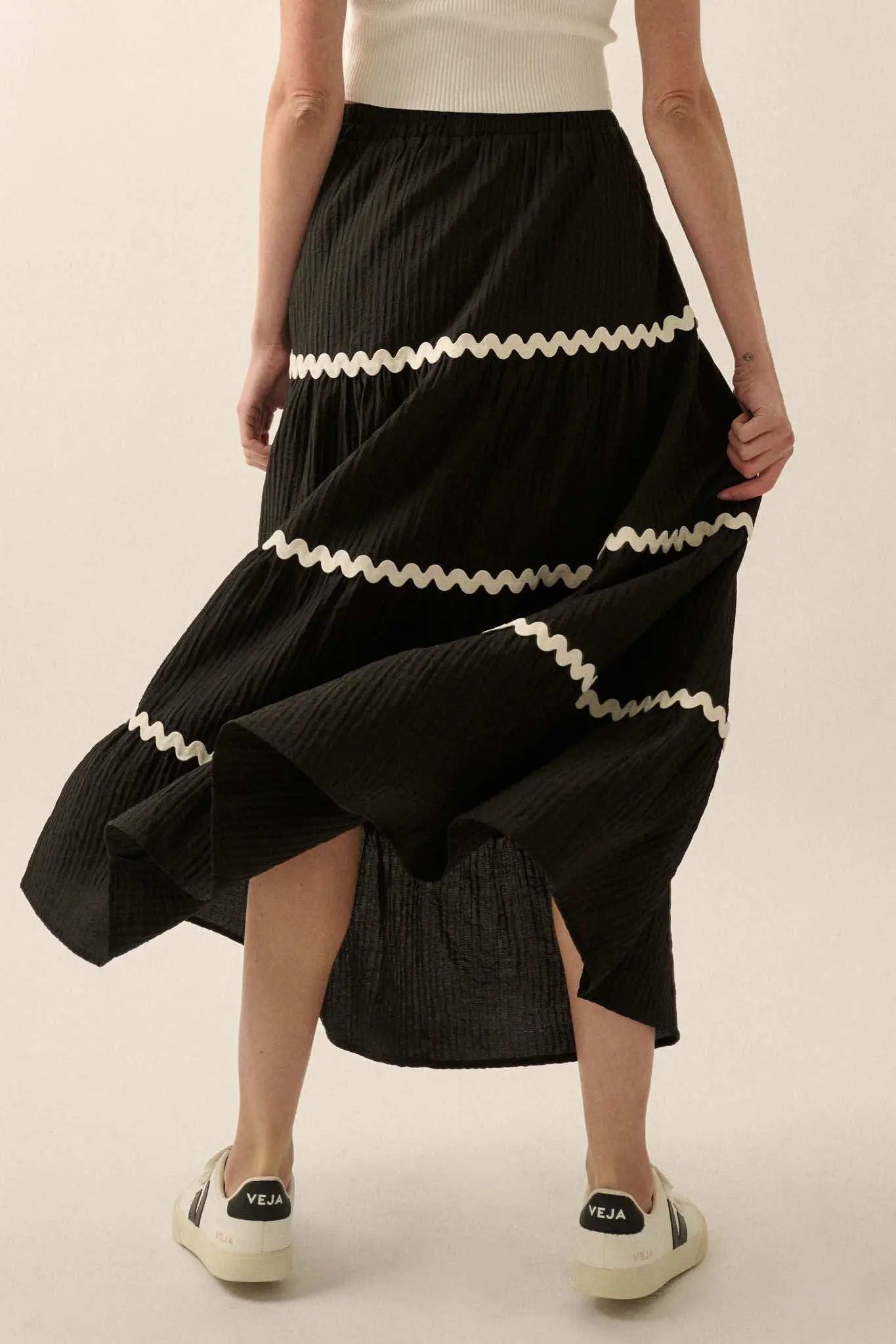 Blissful Breeze Rickrack-Trim Tiered Maxi Skirt