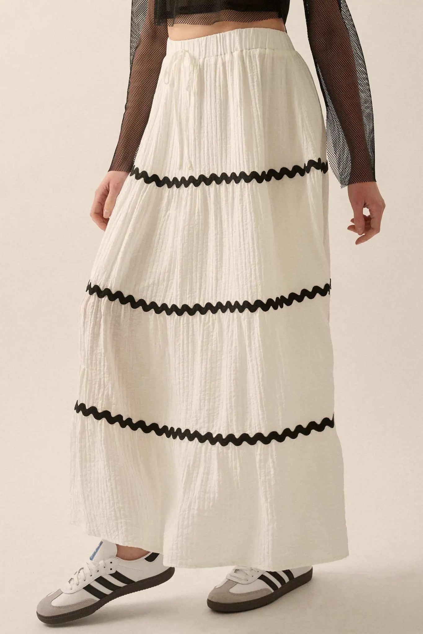 Blissful Breeze Rickrack-Trim Tiered Maxi Skirt