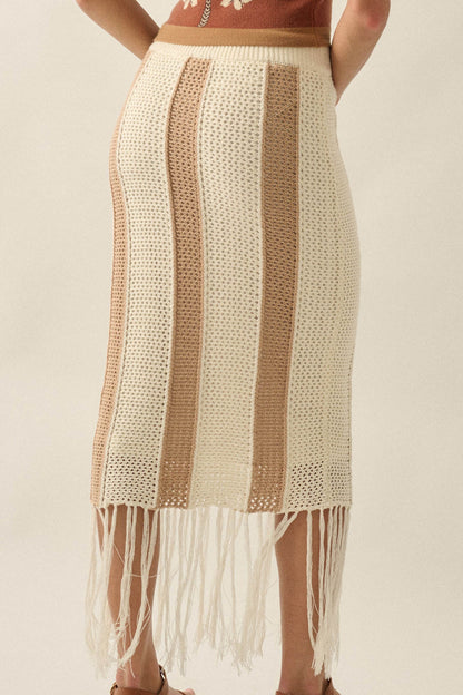 Someday Soon Striped Crochet-Knit Fringe Midi Skirt