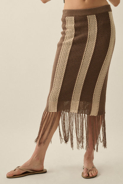 Someday Soon Striped Crochet-Knit Fringe Midi Skirt