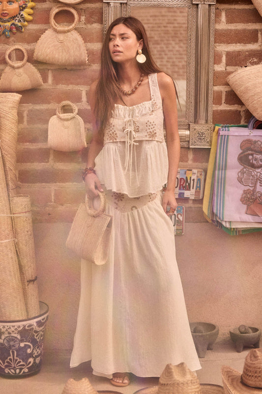 Meadow Song Floral-Embroidered Drop-Waist Maxi Skirt