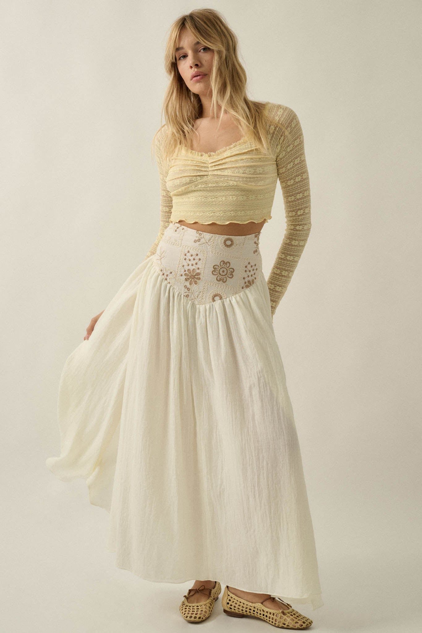 Meadow Song Floral-Embroidered Drop-Waist Maxi Skirt