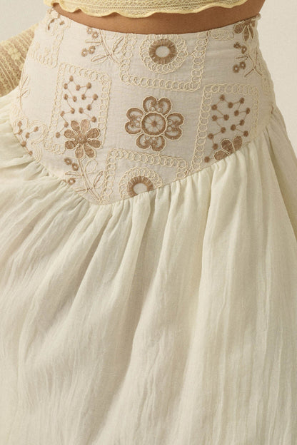 Meadow Song Floral-Embroidered Drop-Waist Maxi Skirt