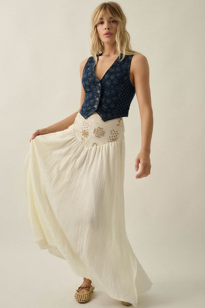Meadow Song Floral-Embroidered Drop-Waist Maxi Skirt