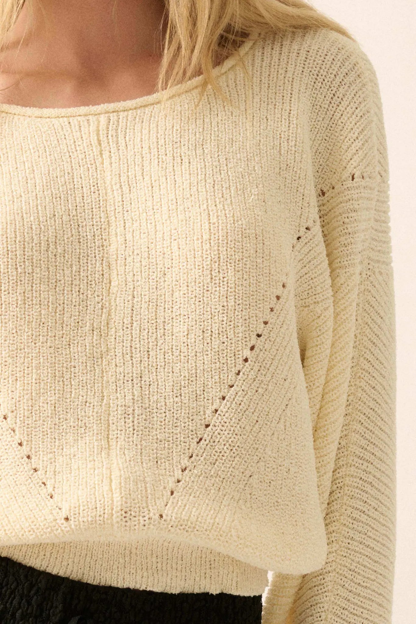 Stay True Rolled Edge Pointelle Rib-Knit Sweater