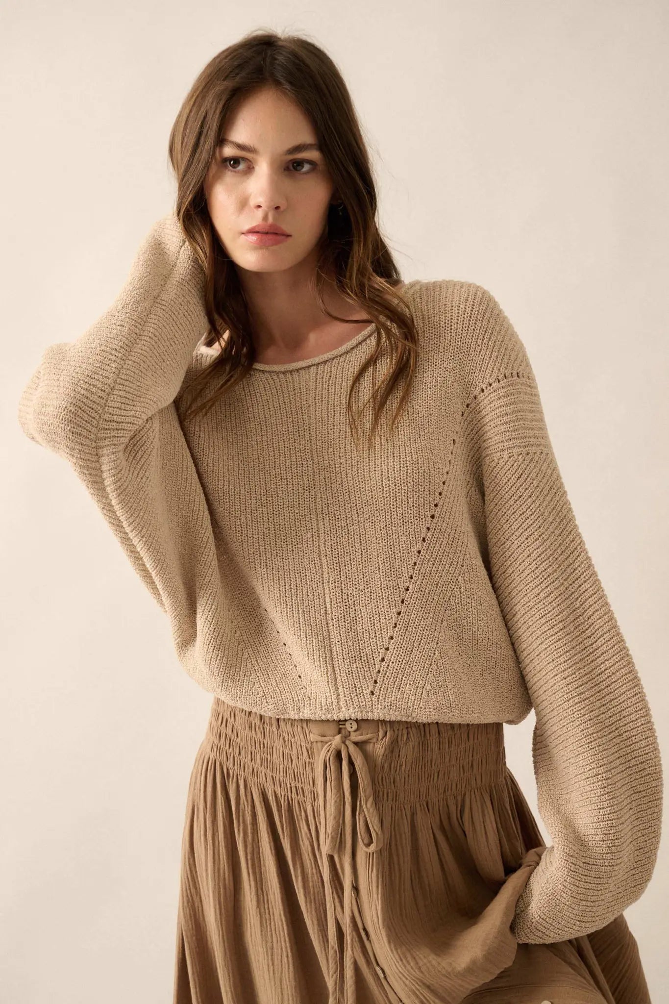 Stay True Rolled Edge Pointelle Rib-Knit Sweater