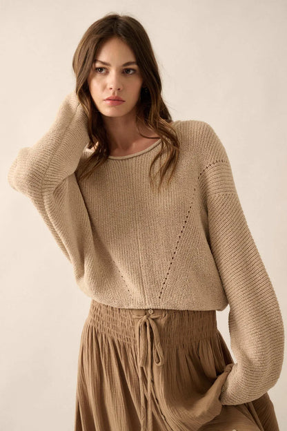 Stay True Rolled Edge Pointelle Rib-Knit Sweater