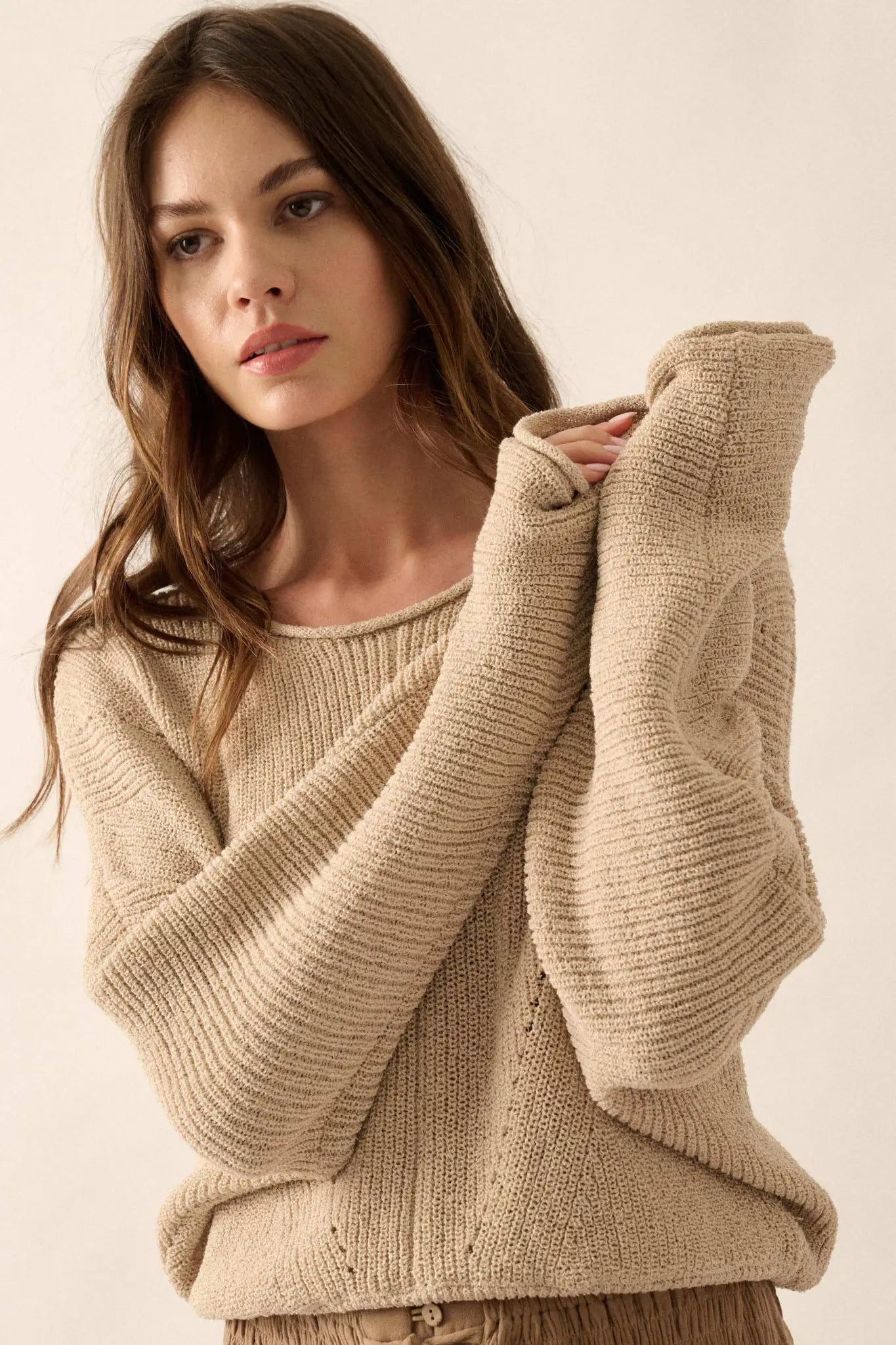 Stay True Rolled Edge Pointelle Rib-Knit Sweater