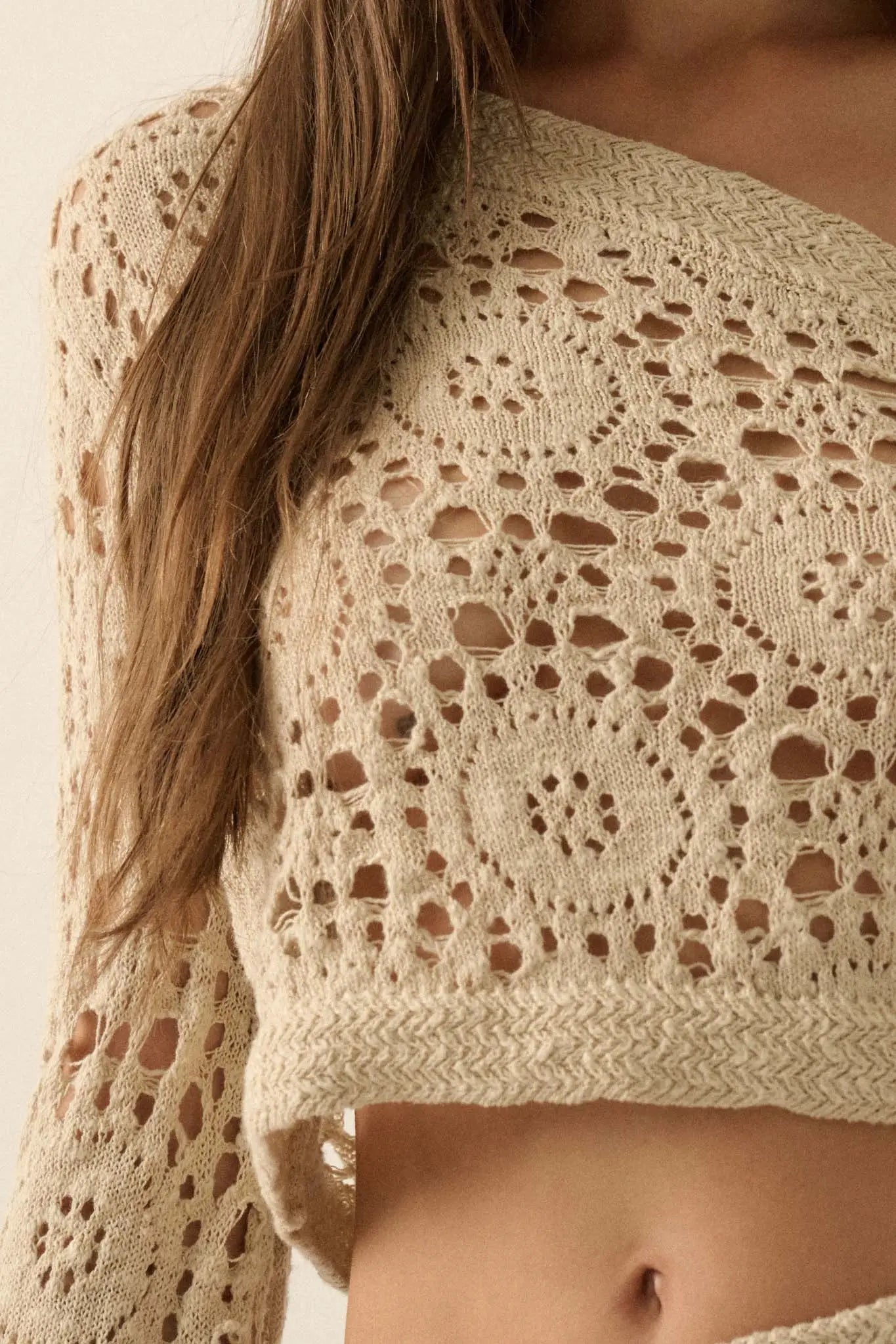 Vintage Heart Crochet Knit Cropped Sweater