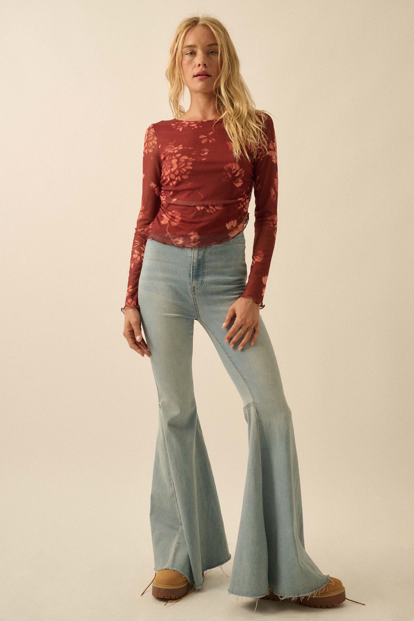 Spice It Up Floral Mesh Ruched Asymmetrical Top