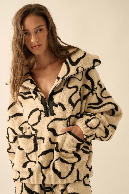Tongue Tied Bow-Print Fleece Half-Zip Pullover