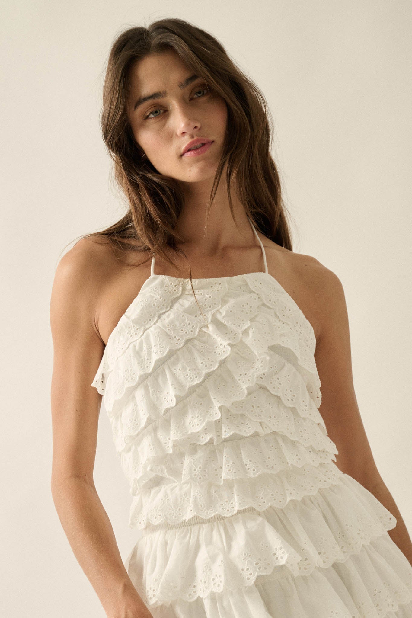 First Crush Tiered Ruffle Eyelet Lace Halter Top