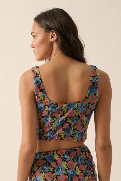 Midnight Blooms Floral Mesh Cropped Corset Top