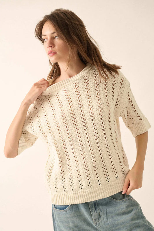 Don't Let Go Open-Knit Short-Sleeve Sweater