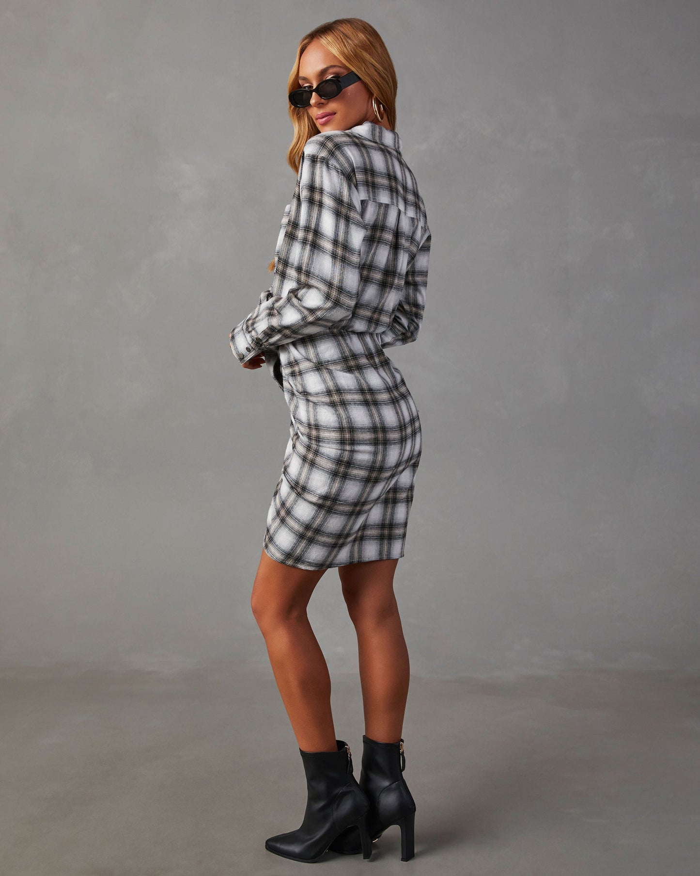 Archie Cotton Ruched Plaid Shirt Dress