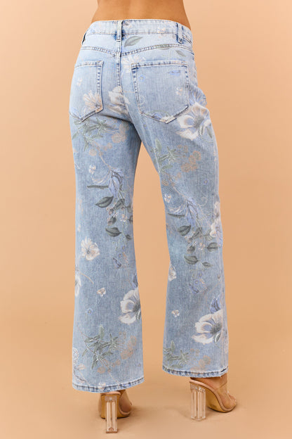 Vervet Light Wash Floral Print Wide Flare Jeans