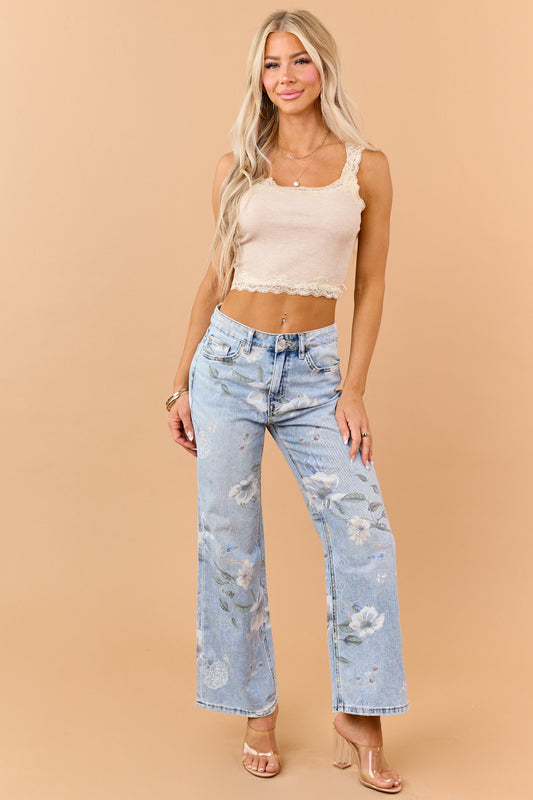 Vervet Light Wash Floral Print Wide Flare Jeans