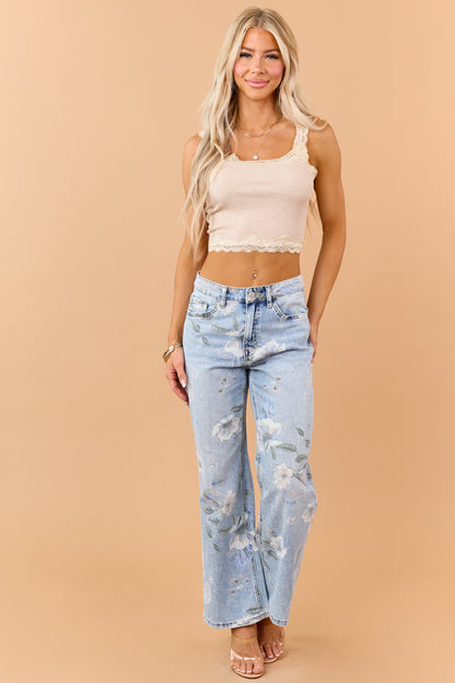 Vervet Light Wash Floral Print Wide Flare Jeans