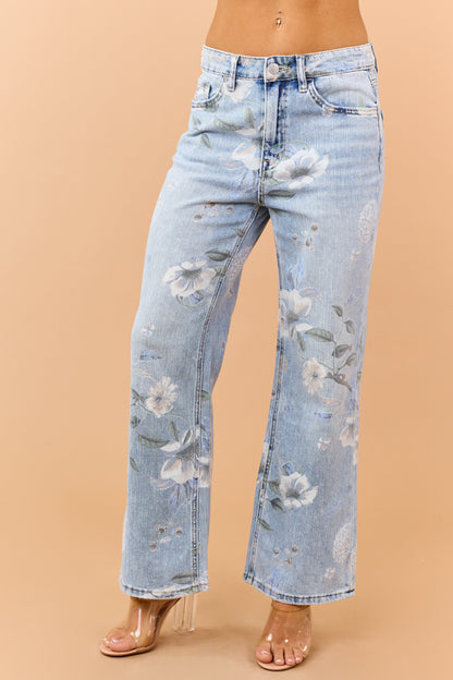 Vervet Light Wash Floral Print Wide Flare Jeans