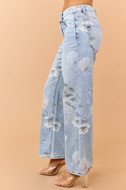 Vervet Light Wash Floral Print Wide Flare Jeans