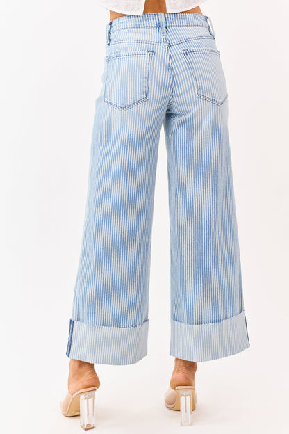 Vervet Light Wash Striped Cuffed Wide Stretch Jeans