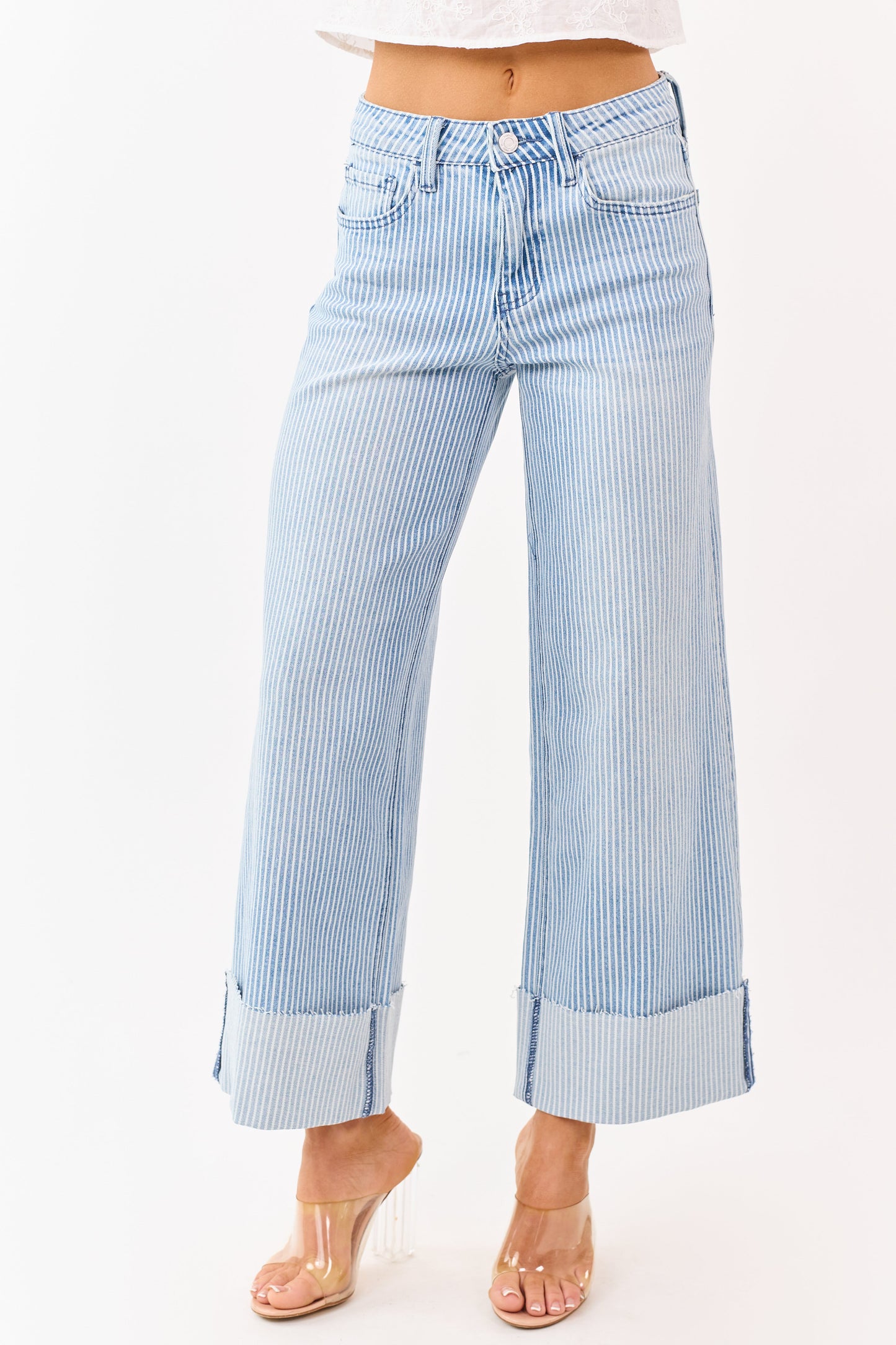 Vervet Light Wash Striped Cuffed Wide Stretch Jeans