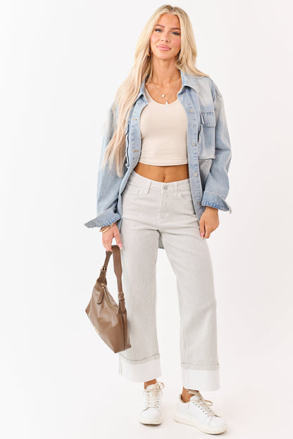 Vervet White Striped Cuffed Wide Leg Stretchy Jeans