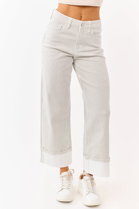 Vervet White Striped Cuffed Wide Leg Stretchy Jeans