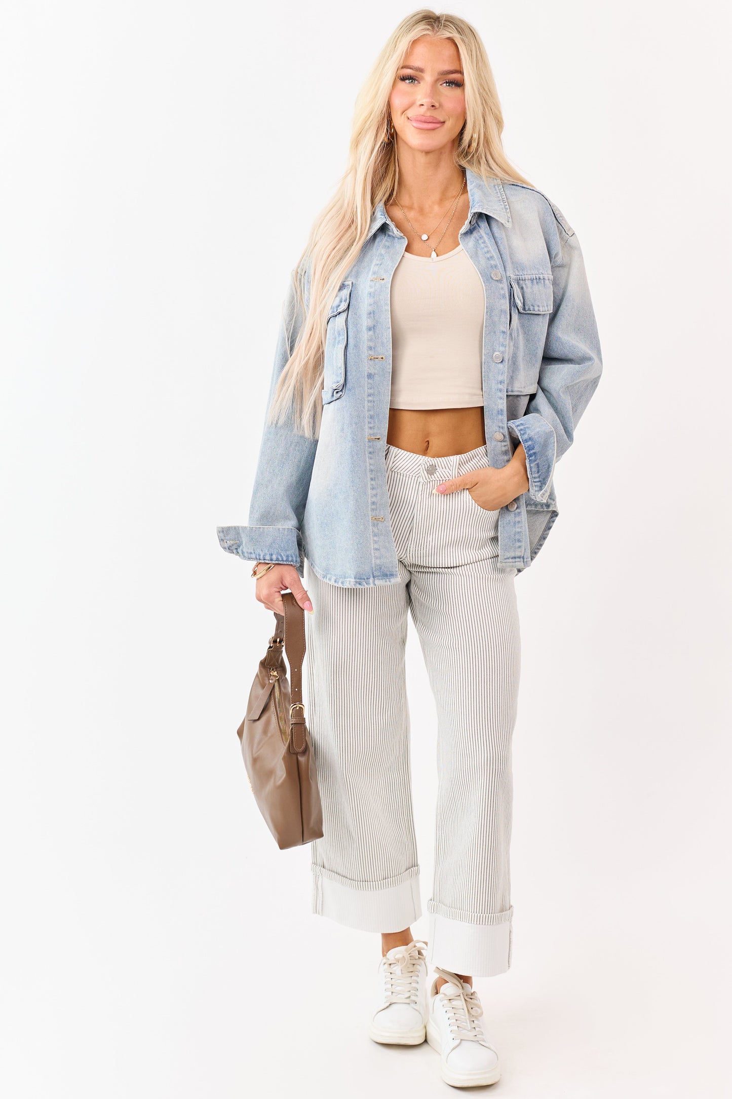 Vervet White Striped Cuffed Wide Leg Stretchy Jeans