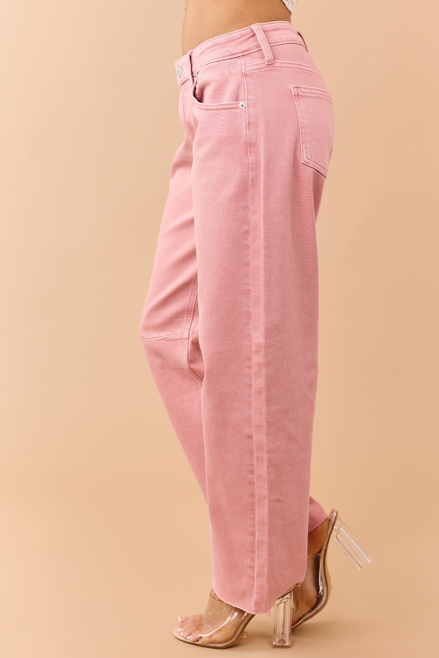 Washed Coral Mid Rise Raw Hem Barrel Jeans