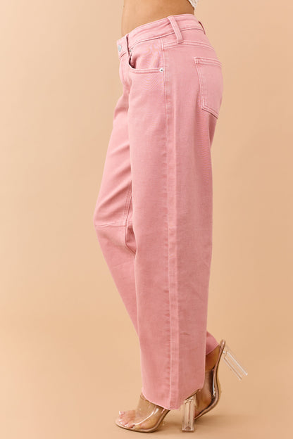 Washed Coral Mid Rise Raw Hem Barrel Jeans