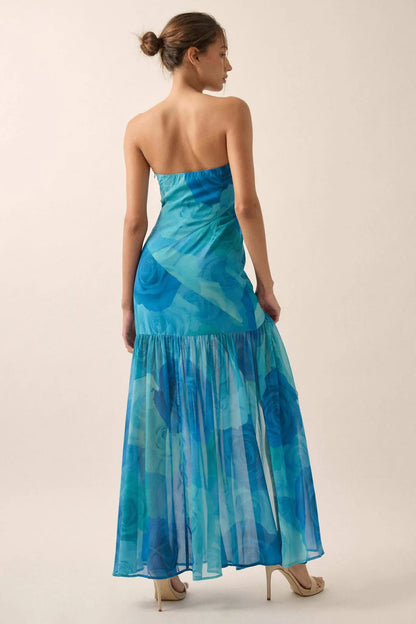 Roses Bloom Floral Strapless Drop-Waist Maxi Dress