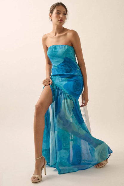 Roses Bloom Floral Strapless Drop-Waist Maxi Dress