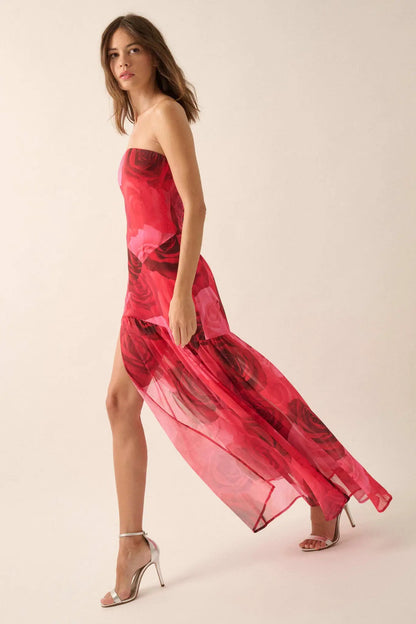 Roses Bloom Floral Strapless Drop-Waist Maxi Dress