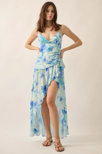Cerulean Blooms Floral Wrapped Maxi Dress