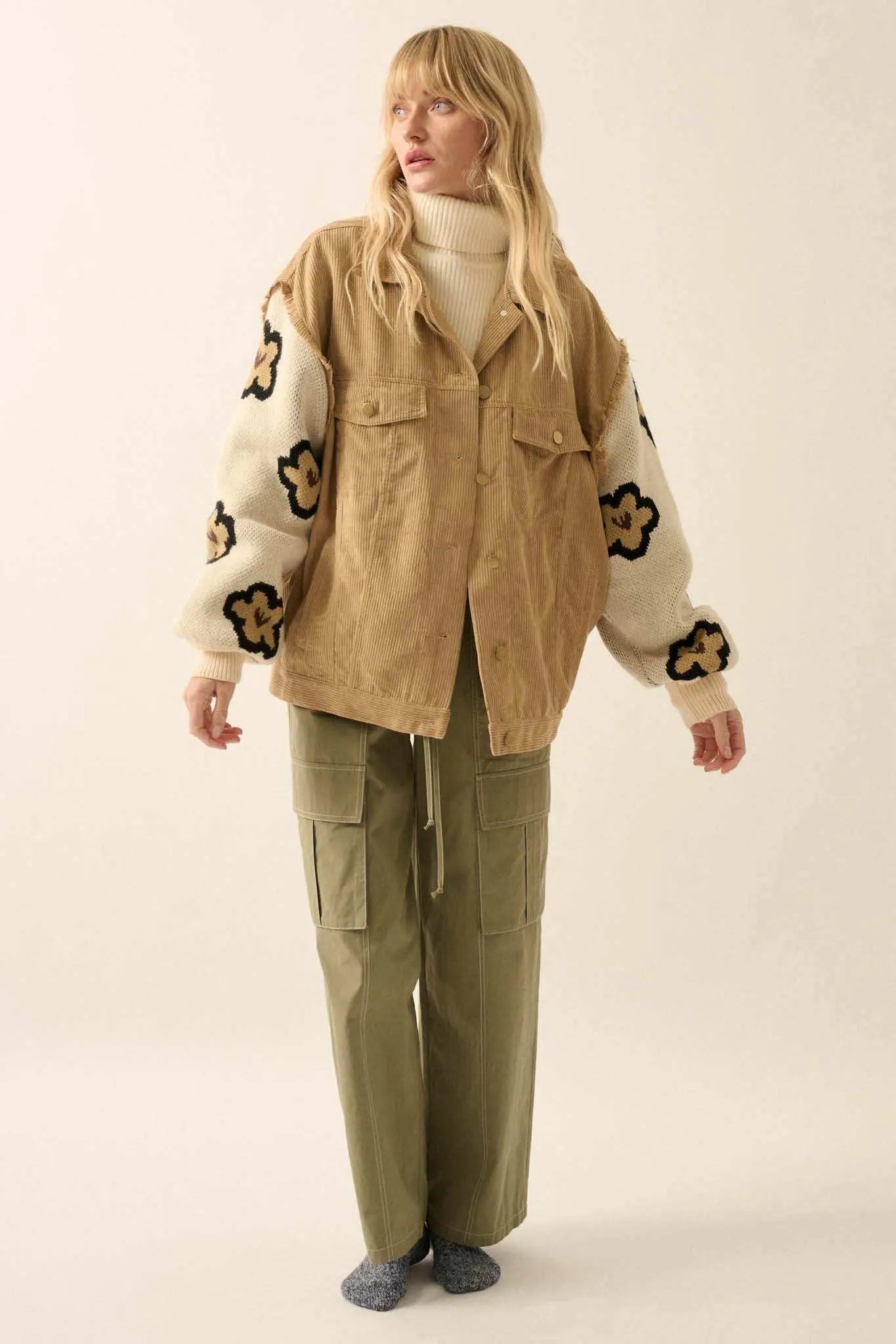 Flower and Furrow Sweater-Sleeve Corduroy Jacket