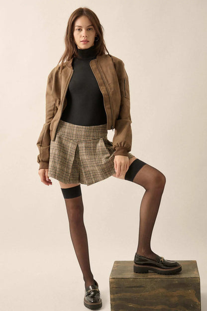 Prep School Houndstooth Plaid Pleated Shorts