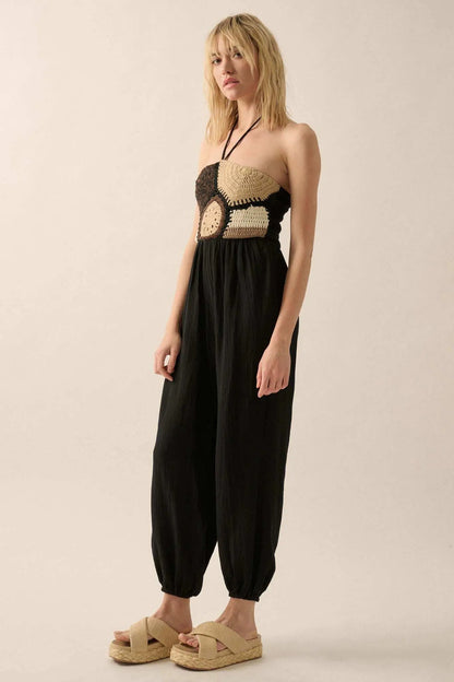 Mother Earth Crochet-Bodice Halter Jumpsuit