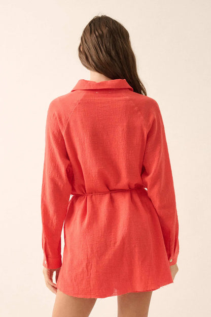 Life Story Textured Cotton Belted Shirt Romper