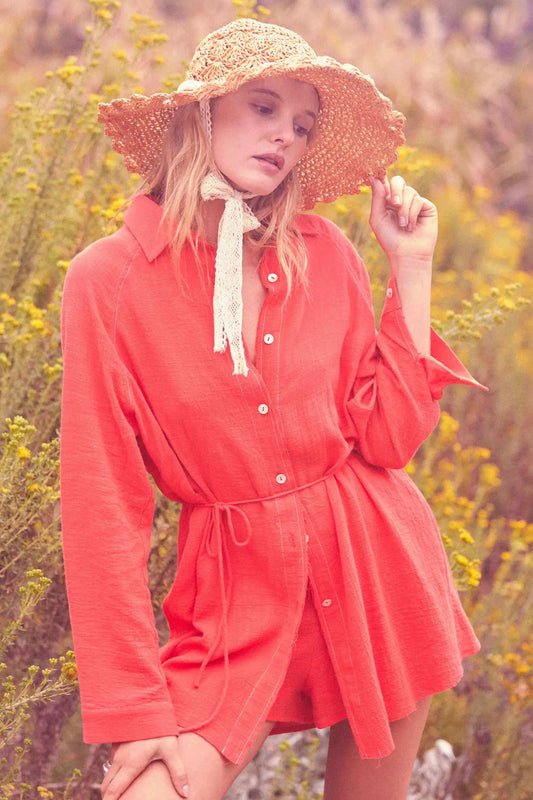 Life Story Textured Cotton Belted Shirt Romper