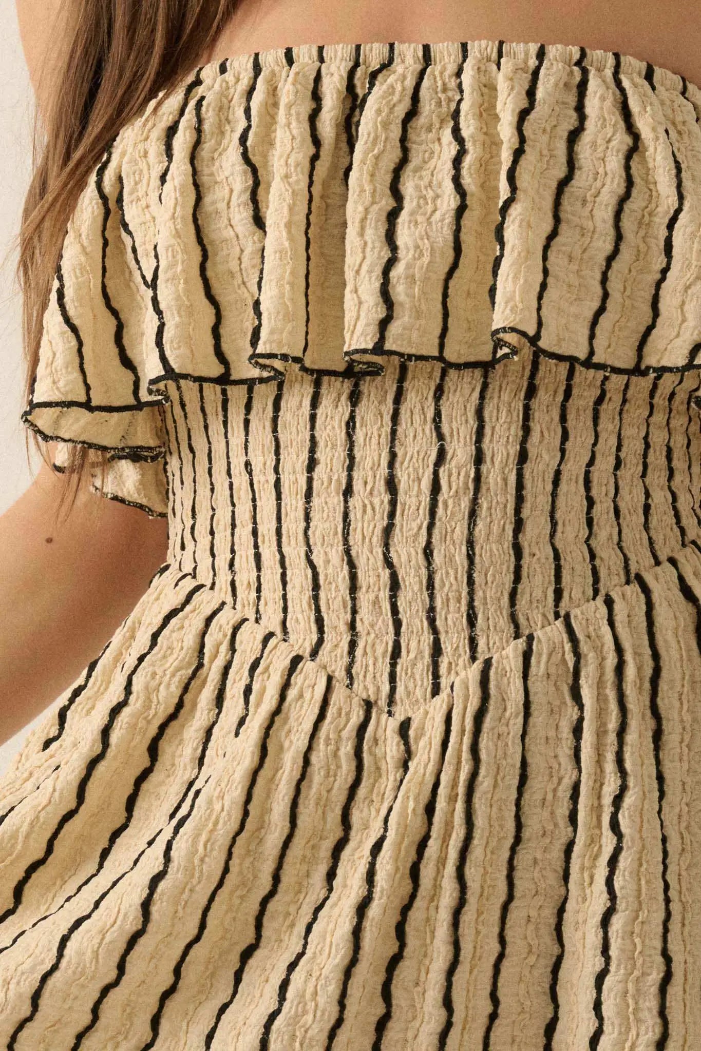 Rolling Wave Striped Knit Strapless Flounce Romper