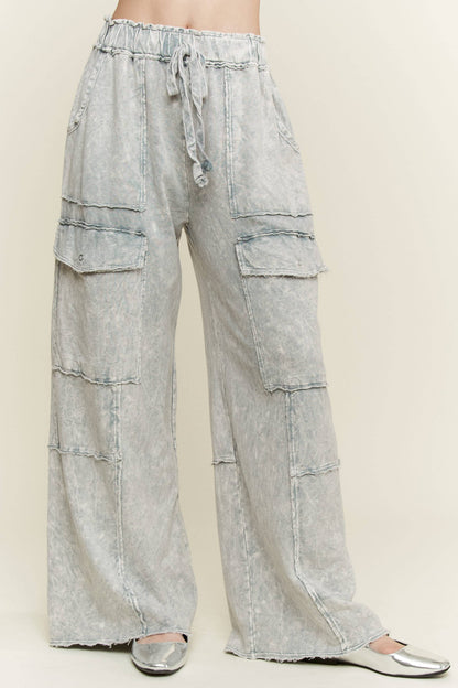 Mineral Wash Multi pockets Wide Leg Terry Pants