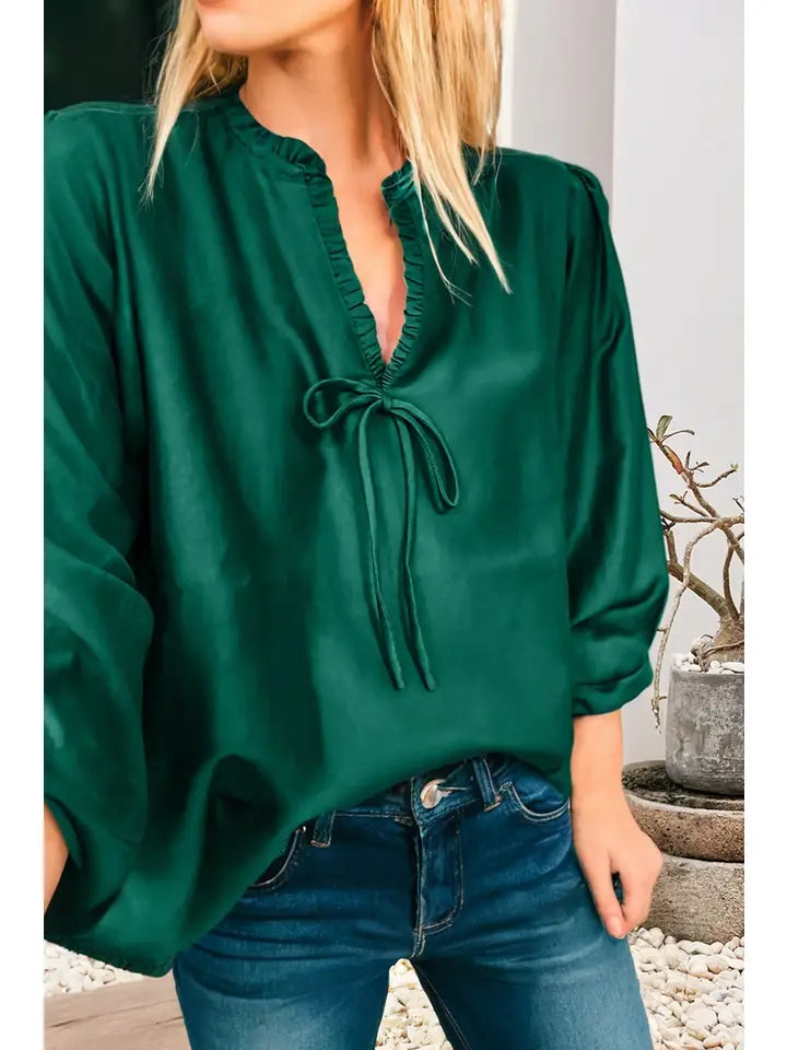 Frilled V Neck Bow 3/4 Sleeve Blouse