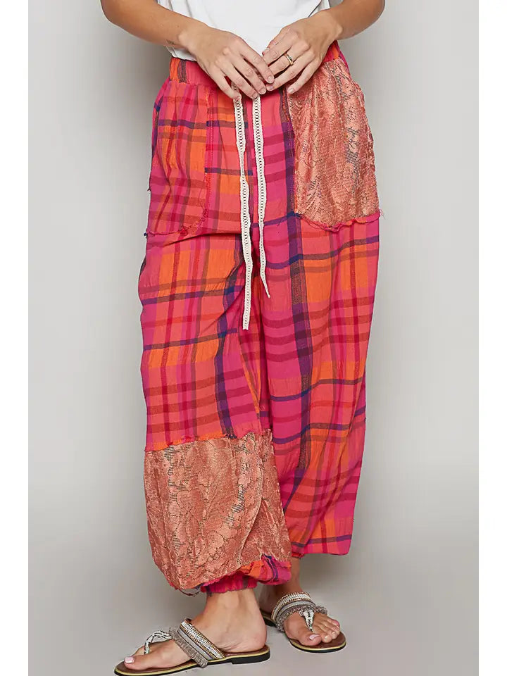POL Plaid Pattern Raw Edge Woven Jogger Pants