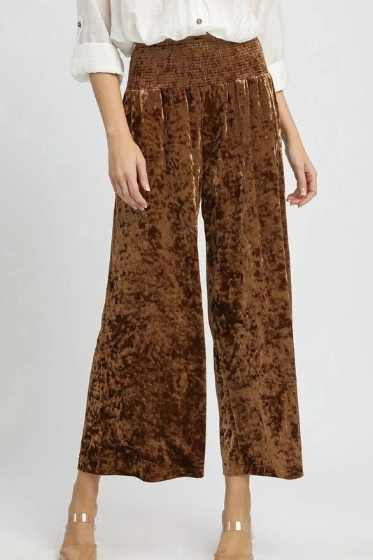 Umgee Velvet Smocked Waistband Wide Leg Pants