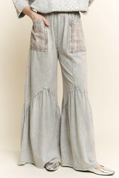 J.HER Mineral Washed Cotton Print Pocket Wide-Leg Flare Pants | S-XL